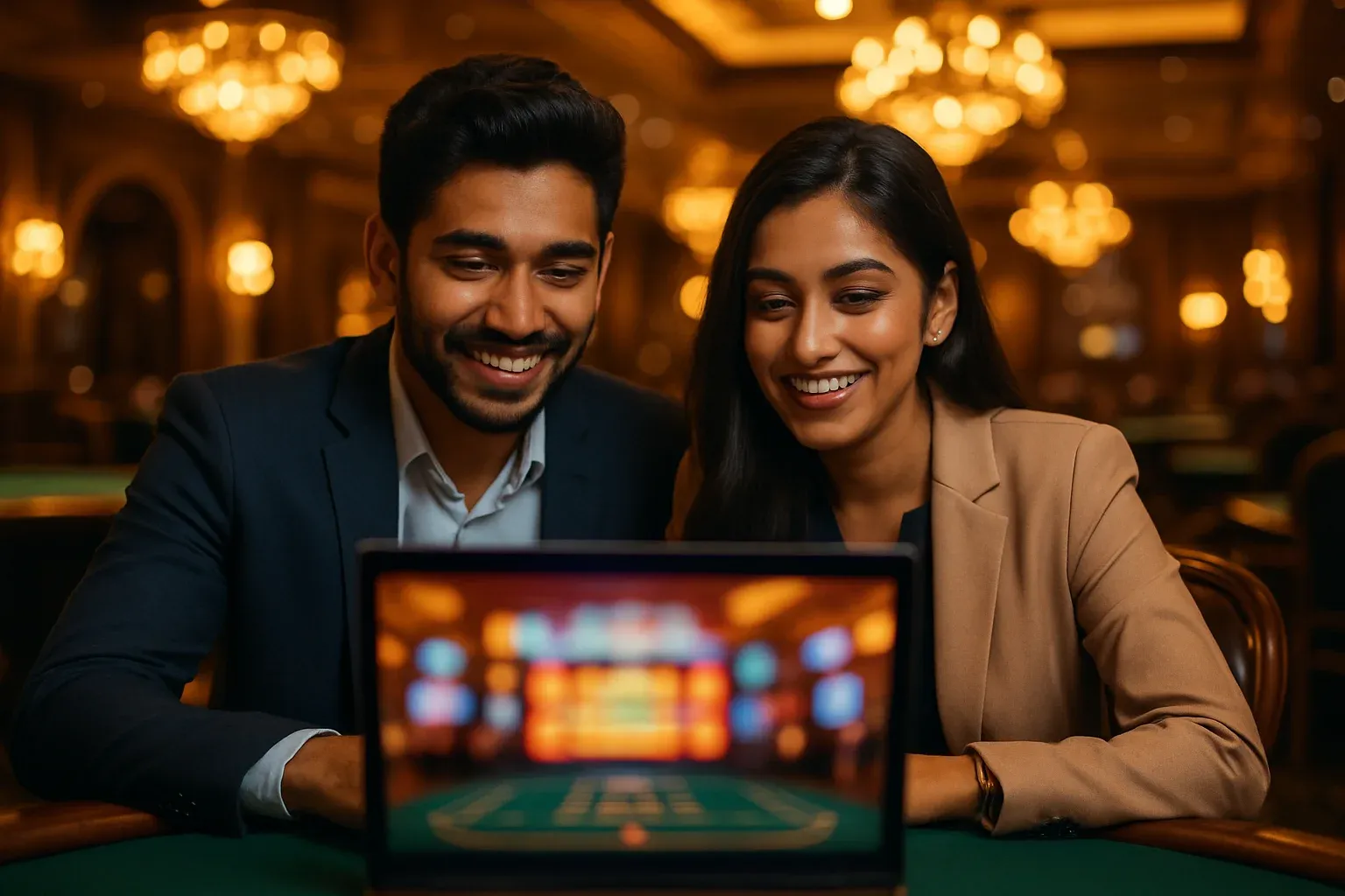 Smiling Bangladeshi couple in casino lounge viewing glowing laptop screen