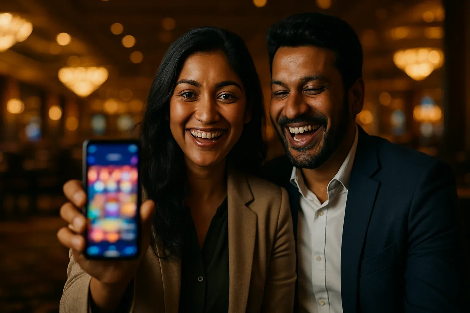 Smiling Bangladeshi couple sharing glowing smartphone in bright casino lounge